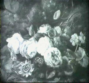 Still Life Of Geranium, Nasturtium, Roses, Campanula And A  Passion Flower
