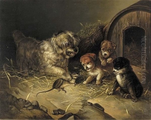 Genreszene Mit Hund Und Drei Welpen - view 1