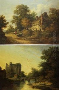 English Cottage; English Landscape (pair) by Caleb Robert Stanley