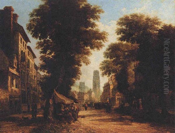 Figures At A Market With A Cathedral Beyond - view 1