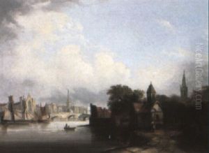 River Scene With A Town Beyond by Caleb Robert Stanley