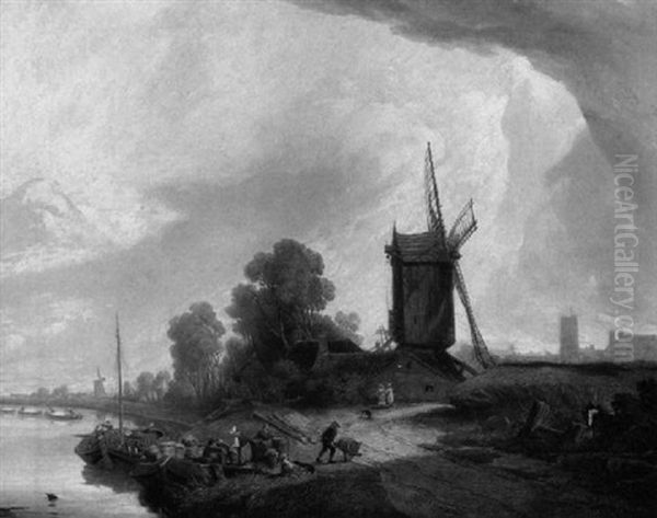 River Landscape With Windmills And Barges - view 1