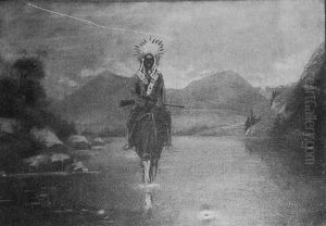A Panoramic Mountainous River Landscape With Native American Figure Mounted On Horseback A Panoramic Mountainous River Landscape With Native American Figure Mounted On Horseback