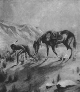 Native American Tracking On Foot While Holding The Reins To His Horse by John Mix Stanley
