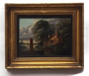 View On The Broads With Wherry Passing A Cottage
