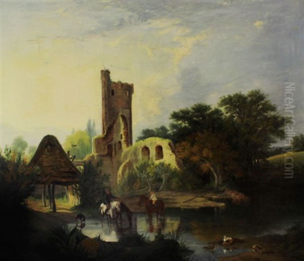 Figures With Horses Watering Before Caister Castle And An Open Barn - view 1