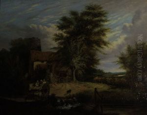 Figures In A Haycart Fording A Stream With A Cottage And Tower Beyond by Alfred Stannard