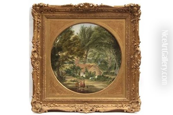 Figures By A Duck Pond With Cottage In Background - view 1
