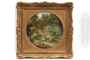 Figures By A Duck Pond With Cottage In Background