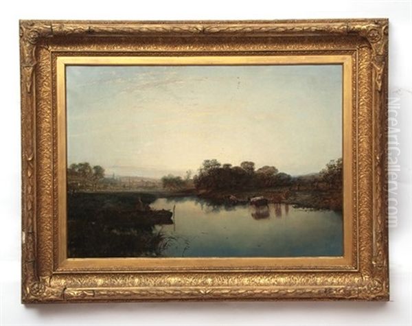 River Landscape With Cattle Watering - view 1