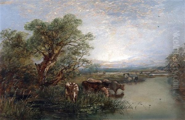 River Landscape With Cattle Watering - view 1