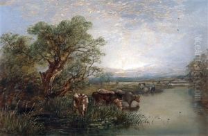 River Landscape With Cattle Watering