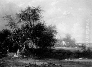 Boys Playing Before A Ford With A View Of A Village Beyond