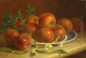 Still Life Of Apples On A Plate With Holly And Mistletoe