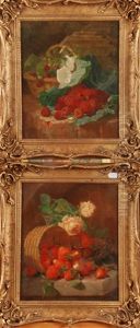 Raspberries, Cabbage Leaf And A Basket On A Brick Ledge & Strawberries On A Marble Ledge Raspberries, Cabbage Leaf And A Basket On A Brick Ledge & Strawberries On A Marble Ledge