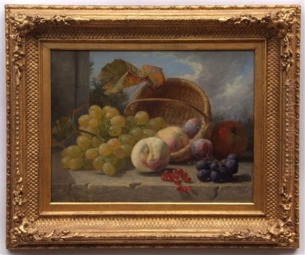 Still Life Study Of Mixed Fruit In A Basket On A Marble Ledge by Eloise Harriet Stannard