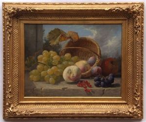 Still Life Study Of Mixed Fruit In A Basket On A Marble Ledge