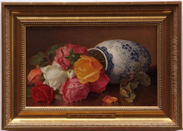 Still Life Study Of A Fallen Blue And White Vase And Roses - view 1