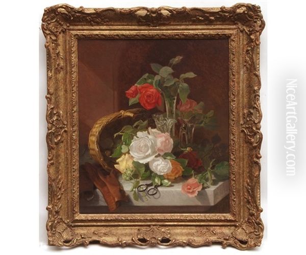 Still Life Study Of Roses, Basket And Glass Vases On A Marble Ledge - view 1
