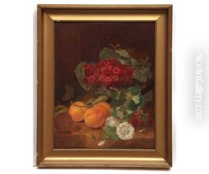Still Life Study Of Raspberries In In Glass Dish With Peaches On A Wooden Ledge