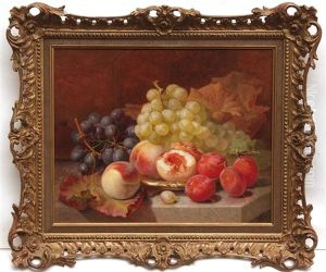 Still Life Study Of Peaches, Grapes And Plums With Norwich Silver Plate On A Marble Ledge