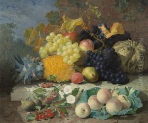 Still Life Of Summer Fruits In A Basket On A Stone Ledge by Eloise Harriet Stannard