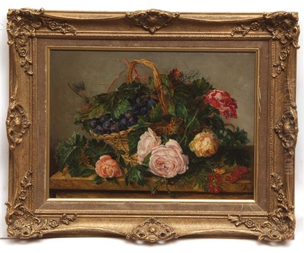 Still Life Study Of Mixed Flowers And Fruit In Basket On Marble Ledge - view 1