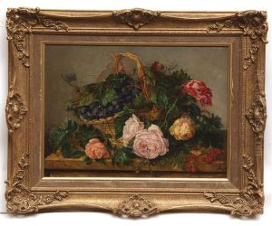Still Life Study Of Mixed Flowers And Fruit In Basket On Marble Ledge Still Life Study Of Mixed Flowers And Fruit In Basket On Marble Ledge