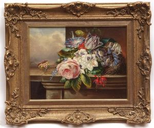 Still Life Study Of Mixed Flowers, Birds Nest And Butterfly On Marble Ledge
