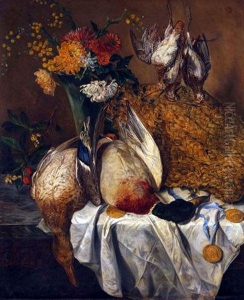Still Life Study Of Mixed Flowers, Basket And Dead Game On A Table Ledge - view 1