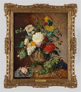 Stillleben Mit Dahlien Und Trauben Auf Marmortisch