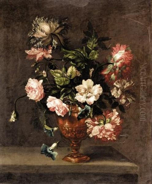 Still Life Of Roses, Peonies, And Other Flowers In A Vase On A Ledge - view 1