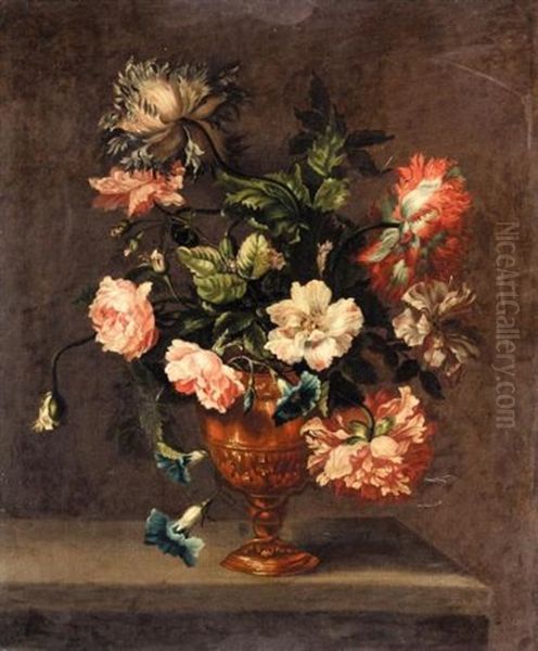 Still Life Of Roses, Paeonies, And Other Flowers In A Vase On A Ledge - view 1