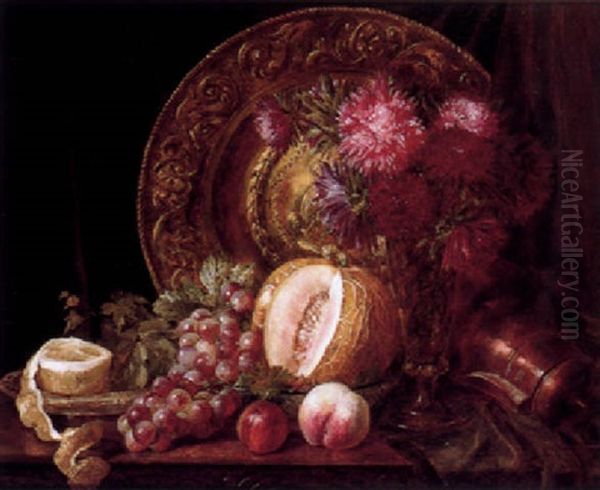 Still Life With Chrysanthemums, Fruits And An Embossed Plate - view 1