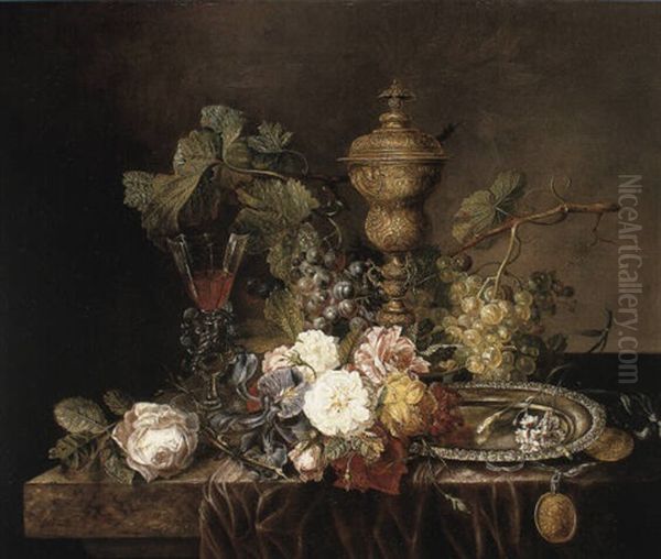 Still Life With Flowers, Goblet, Silver Plate On Draped Ledge - view 1