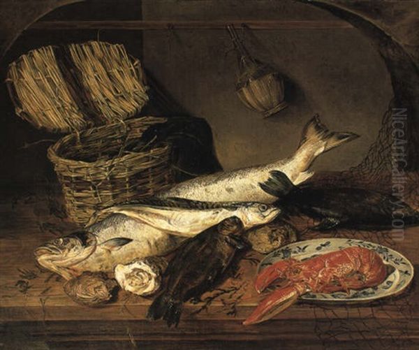 Still Life With Fish, Basket And Wine Bottle - view 1