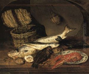 Still Life With Fish, Basket And Wine Bottle by Emily Coppin Stannard
