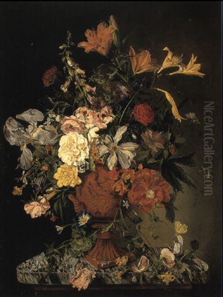Still Life Of Flowers In Urn On Plinth With Snail And Wasp - view 1