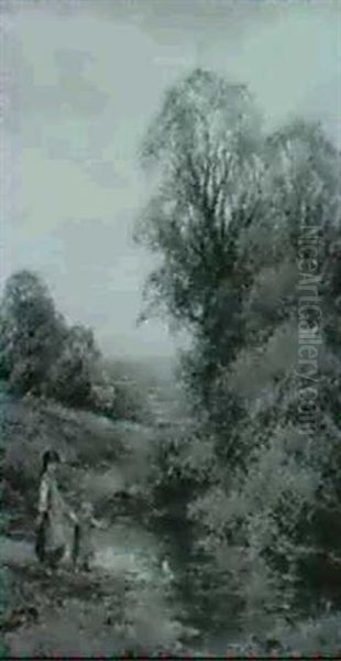 Two Children By A Pond In A An Extensive Landscape - view 1