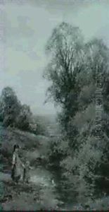 Two Children By A Pond In A An Extensive Landscape by Henry John Sylvester Stannard