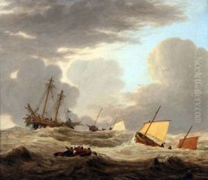 Hulk In Rough Sea With Fishing Boats