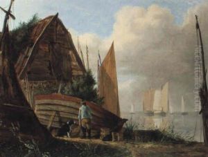Fisherman With His Nets And Dog In Coastal Landscape