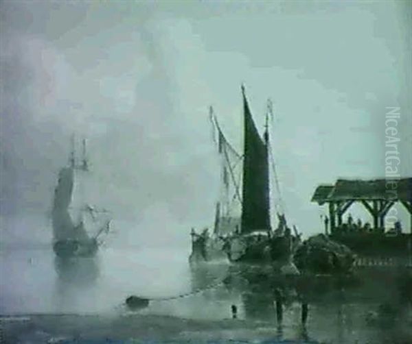 A Man-o'-war And Barges Off A Jetty - view 1