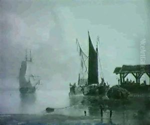 A Man-o'-war And Barges Off A Jetty