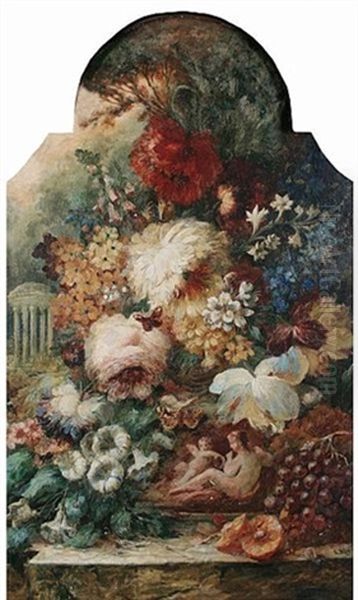 Still Life Of Flowers And Fruit On A Ledge, A Classical Temple In The Background - view 1