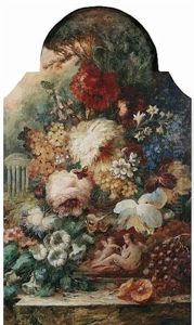 Still Life Of Flowers And Fruit On A Ledge, A Classical Temple In The Background by Lilian Stannard