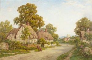 Thatched Cottages In A Village Street (+ Another; Pair) Thatched Cottages In A Village Street (+ Another; Pair)