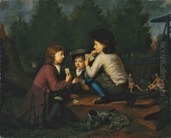 Genreszene Im Freien. Im Mittelgrund Drei Karten Spielende Knaben, Rechts An Einer Zugbrucke Drei Badende - view 1