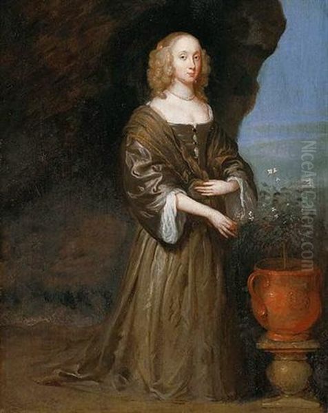 Portrait Of Lady Anne Woodhouse Wearing A Brown Dress, Holding Flowers In Her Right Hand - view 1