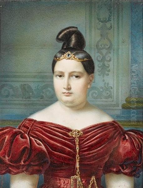 The Artist's Wife, Louise Schavije Stapleaux, Wearing Red Dress With Short Puffed Sleeves, Orange And Red Enamelled Gold Brooch - view 1